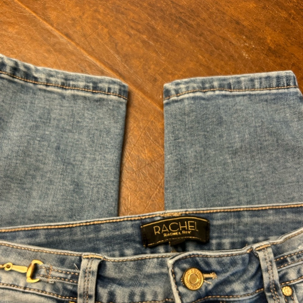 RACHEL Rachel Roy Blue Denim Jeans w Gold Tone Chain Accent at Waist Sz 8/29 EUC - Picture 7 of 12